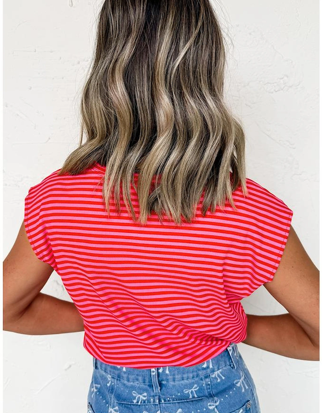 Red Stripe Sequin America Letter Patched Cap Sleeve Top, 8 of 7