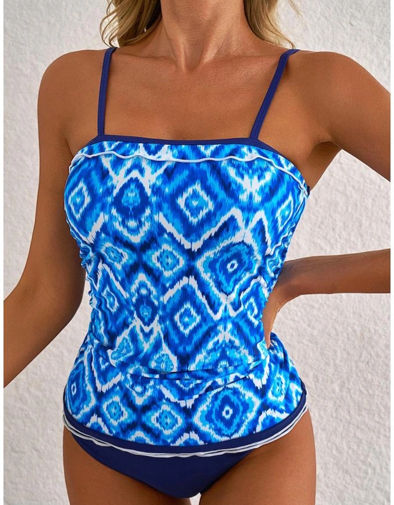 Navy Blue Abstract Print Frilled Trim Spaghetti Straps Tankini Set