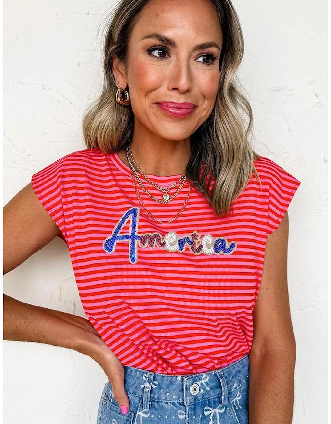 Red Stripe Sequin America Letter Patched Cap Sleeve Top