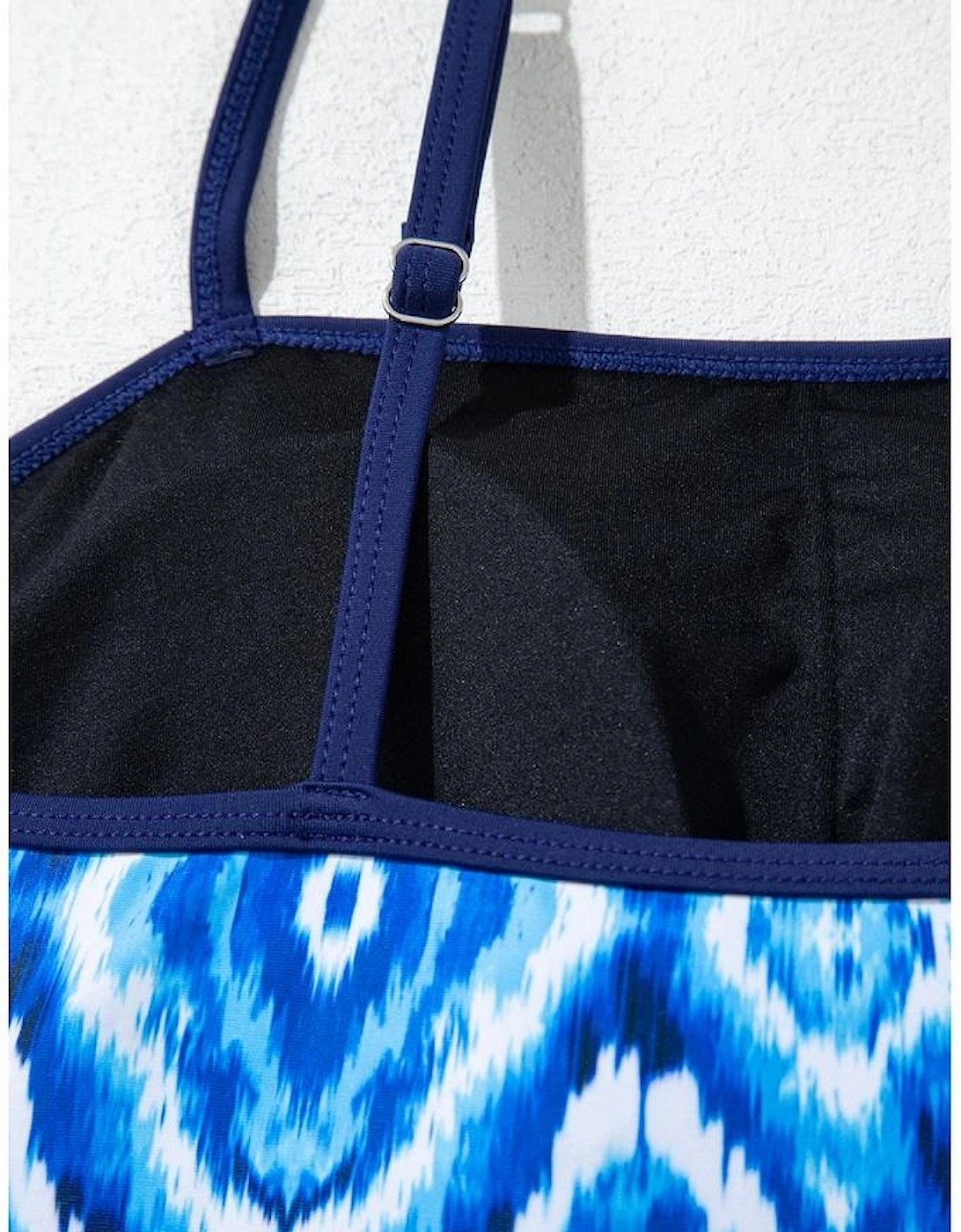 Navy Blue Abstract Print Frilled Trim Spaghetti Straps Tankini Set