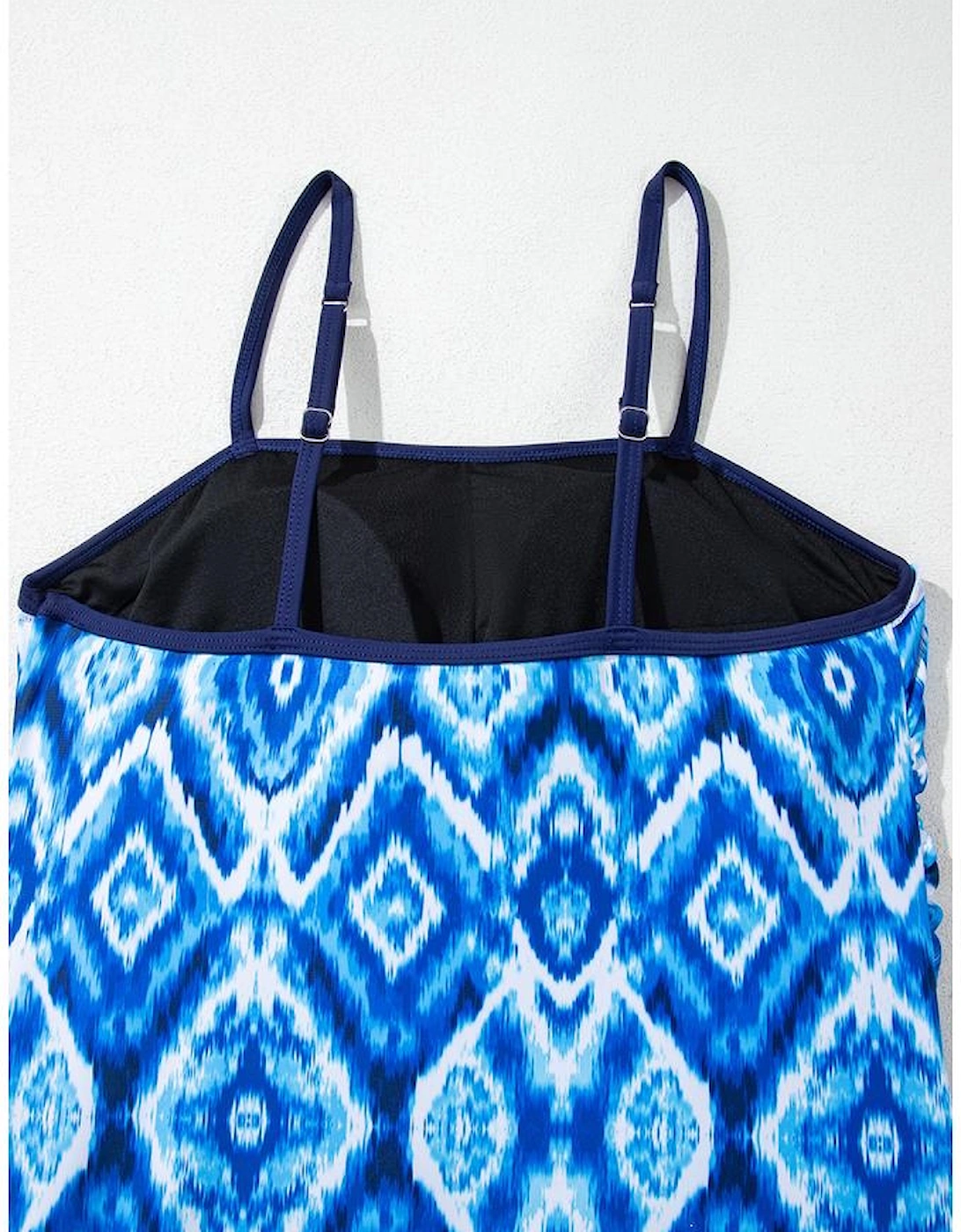 Navy Blue Abstract Print Frilled Trim Spaghetti Straps Tankini Set