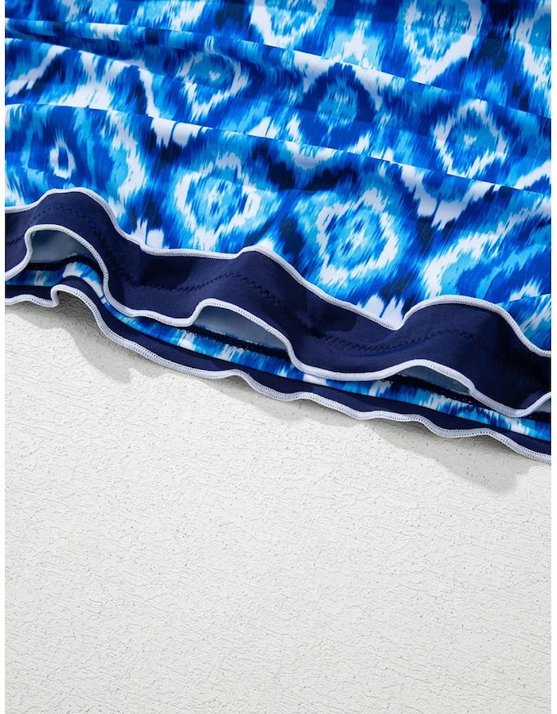 Navy Blue Abstract Print Frilled Trim Spaghetti Straps Tankini Set