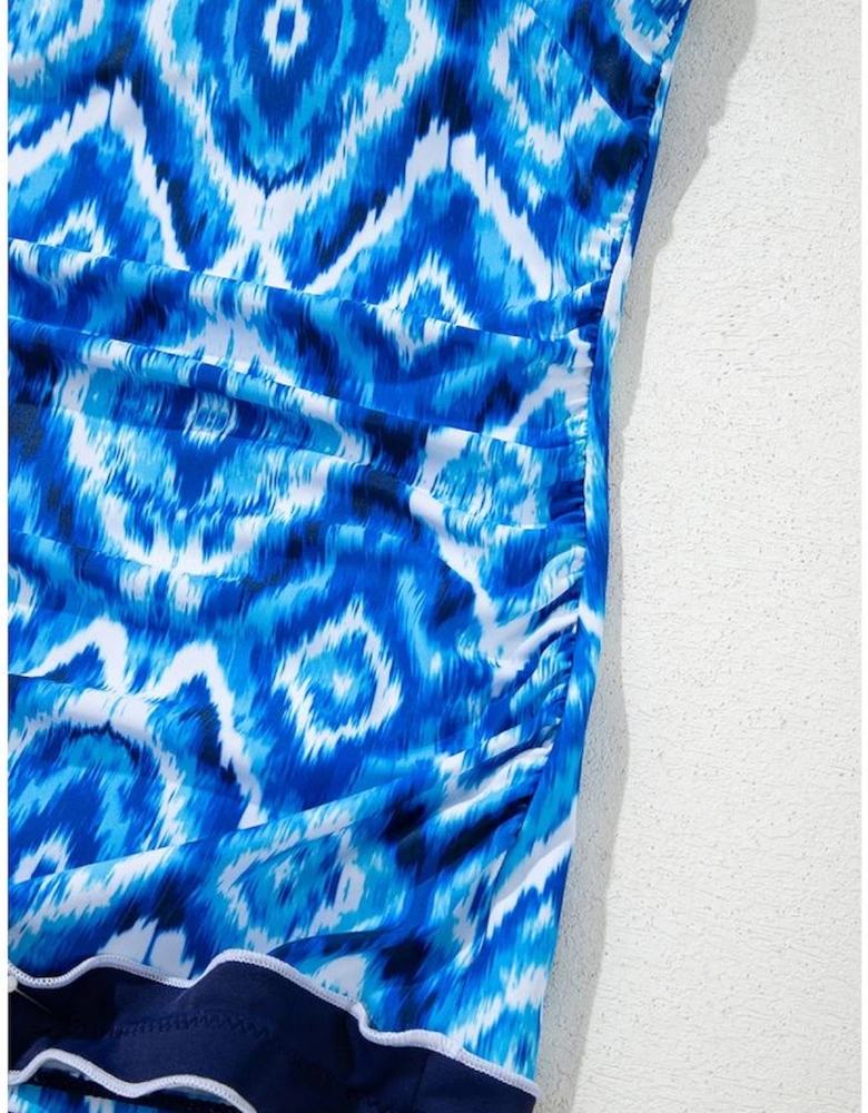 Navy Blue Abstract Print Frilled Trim Spaghetti Straps Tankini Set