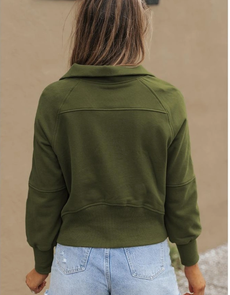 Green Zip Up Stand Collar Ribbed Thumbhole Sleeve Sweatshirt