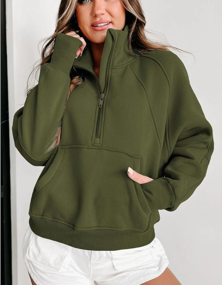 Green Zip Up Stand Collar Ribbed Thumbhole Sleeve Sweatshirt