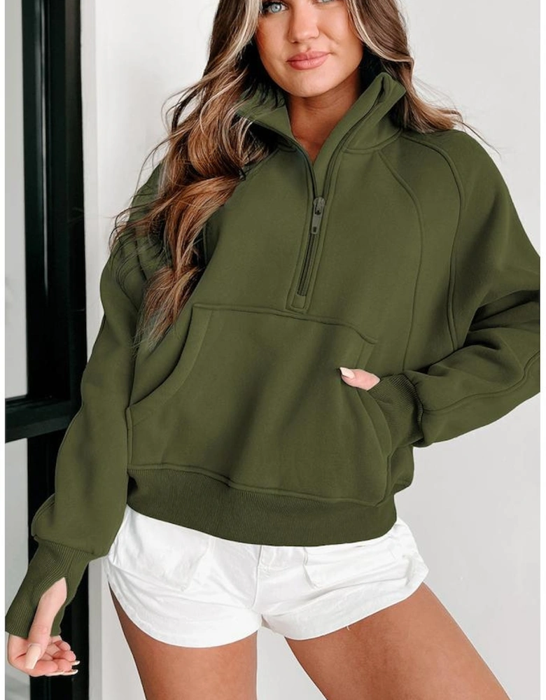 Green Zip Up Stand Collar Ribbed Thumbhole Sleeve Sweatshirt