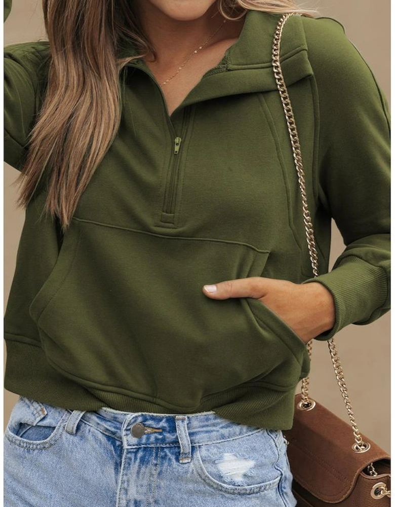 Green Zip Up Stand Collar Ribbed Thumbhole Sleeve Sweatshirt