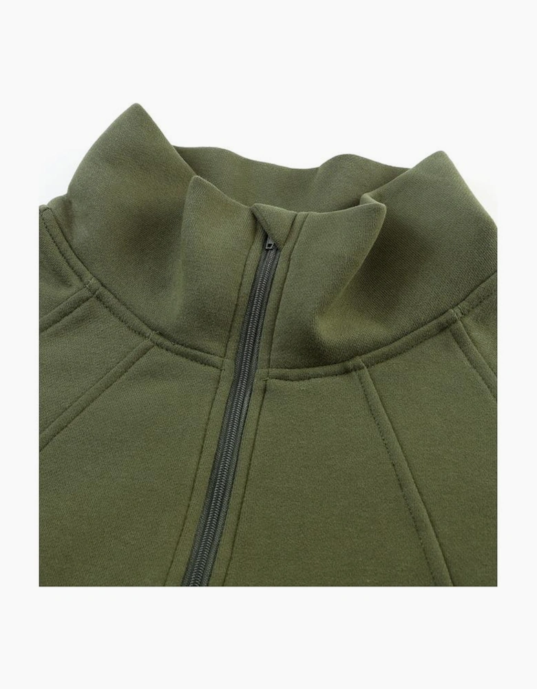 Green Zip Up Stand Collar Ribbed Thumbhole Sleeve Sweatshirt