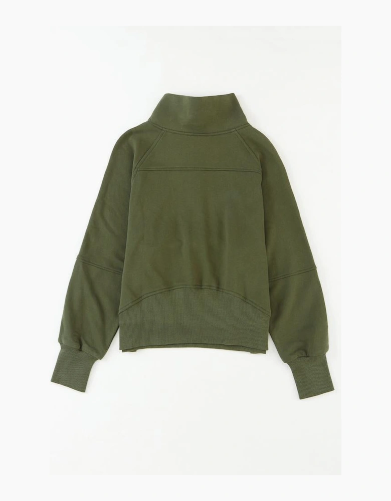 Green Zip Up Stand Collar Ribbed Thumbhole Sleeve Sweatshirt