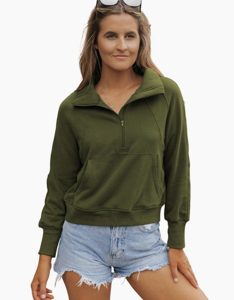 Green Zip Up Stand Collar Ribbed Thumbhole Sleeve Sweatshirt