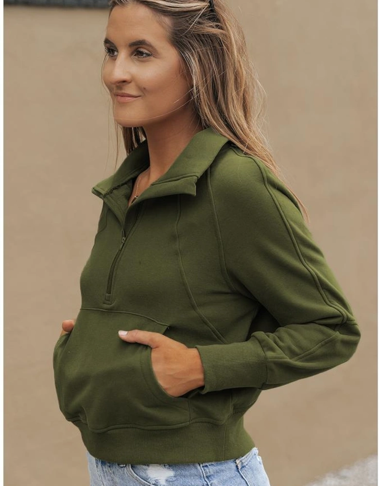 Green Zip Up Stand Collar Ribbed Thumbhole Sleeve Sweatshirt