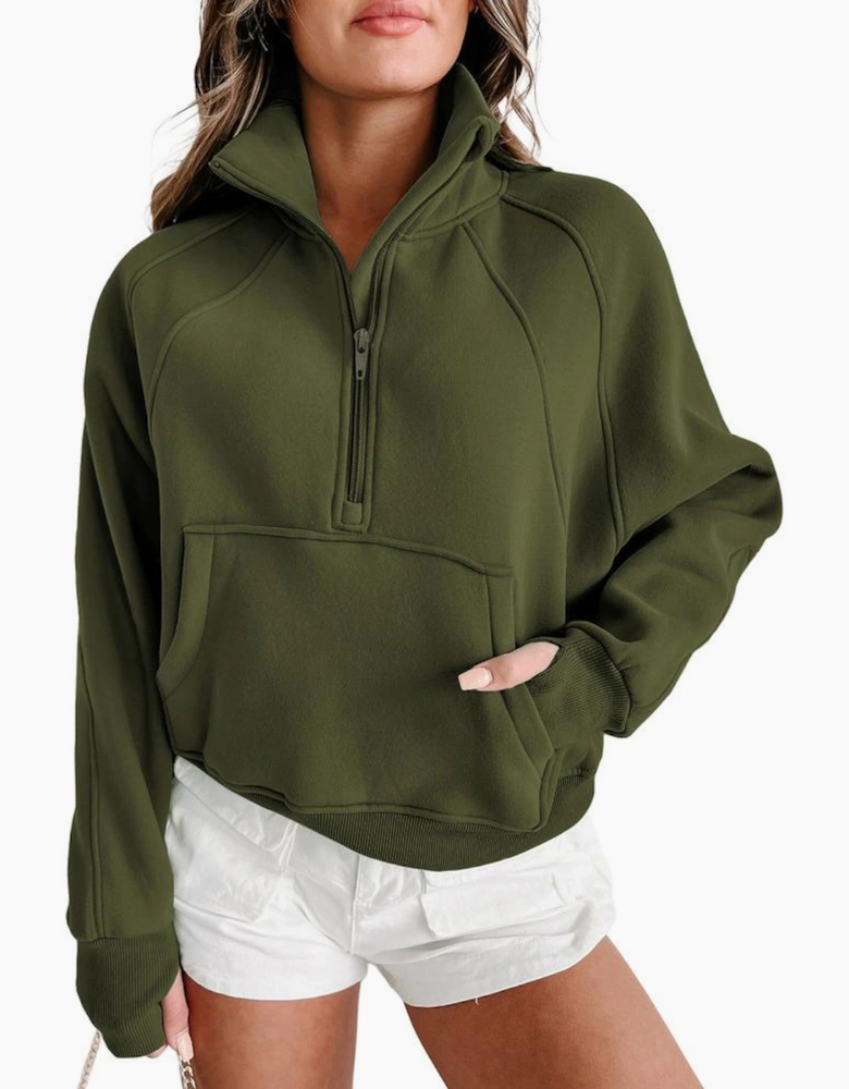 Green Zip Up Stand Collar Ribbed Thumbhole Sleeve Sweatshirt