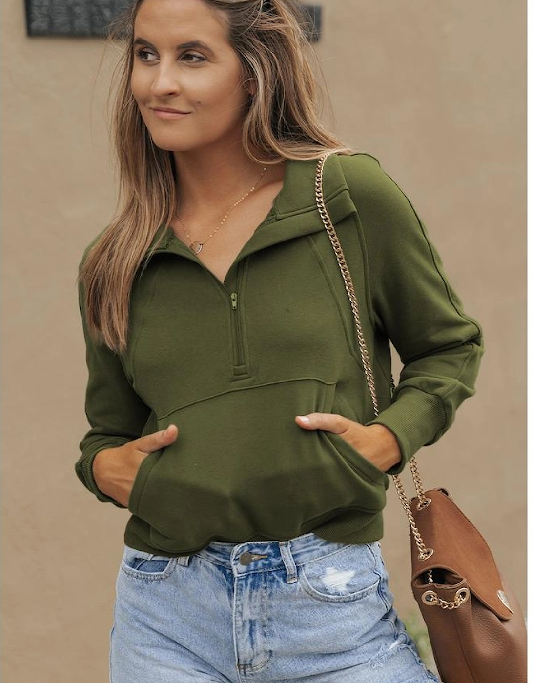 Green Zip Up Stand Collar Ribbed Thumbhole Sleeve Sweatshirt