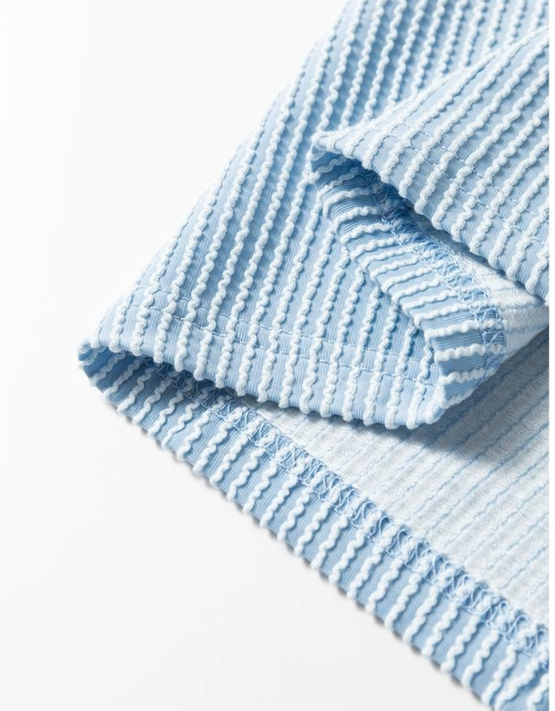 Mist Blue Corded Frilly Puff Sleeve Round Neck Blouse