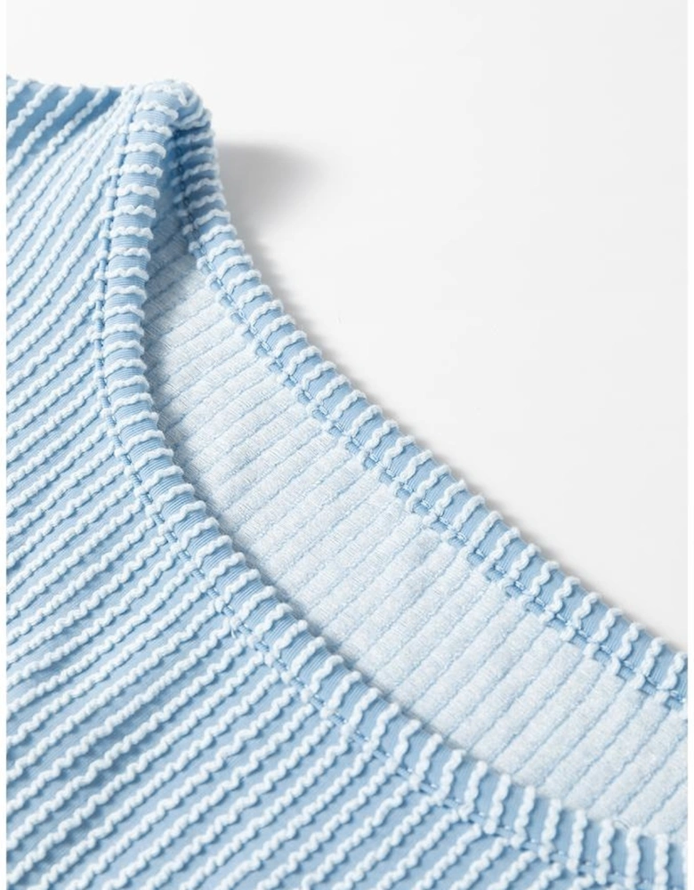 Mist Blue Corded Frilly Puff Sleeve Round Neck Blouse