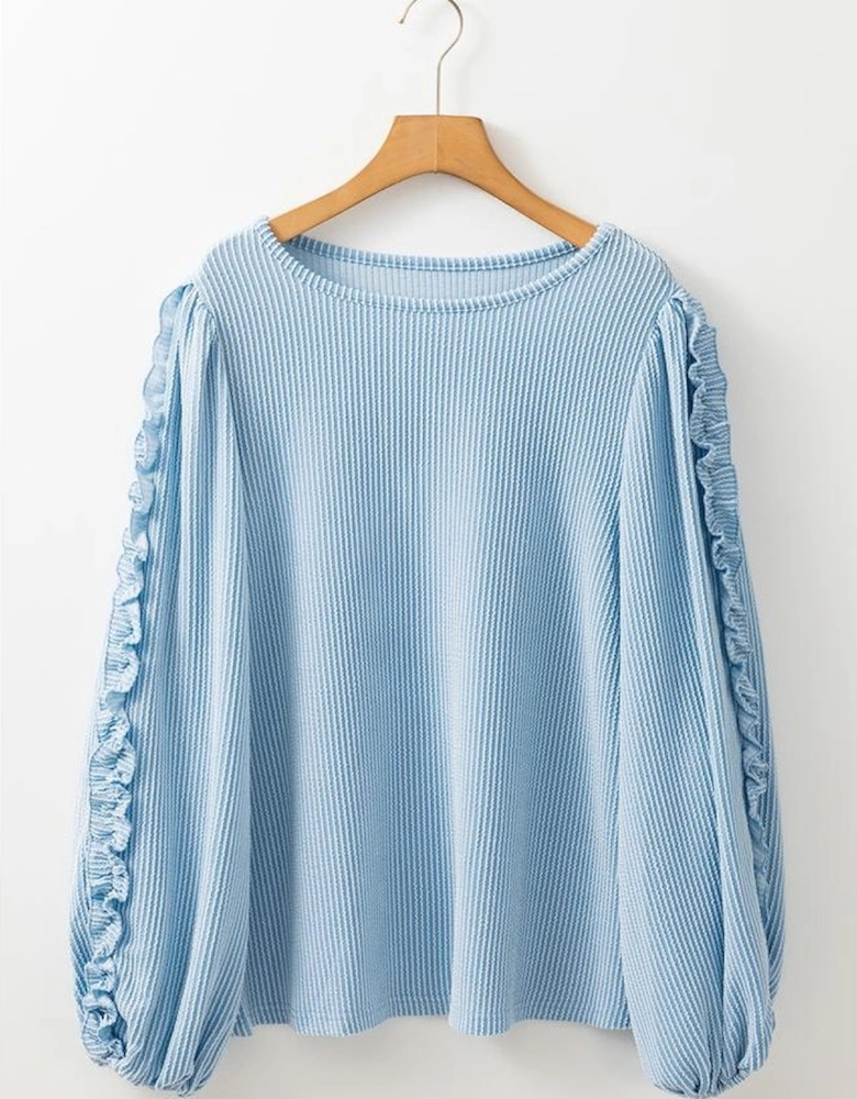 Mist Blue Corded Frilly Puff Sleeve Round Neck Blouse