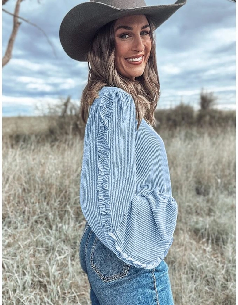 Mist Blue Corded Frilly Puff Sleeve Round Neck Blouse