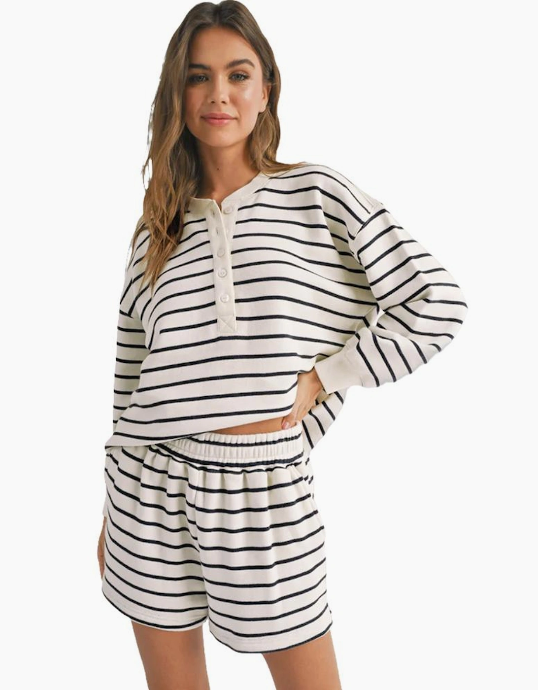 Black white Stripes Printed Half Button Long Sleeve Top and Shorts Set