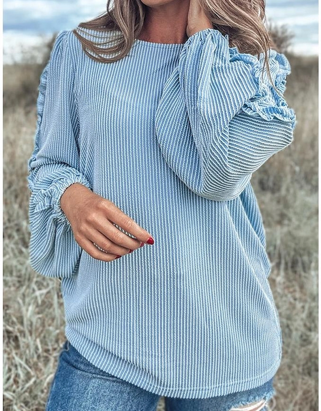 Mist Blue Corded Frilly Puff Sleeve Round Neck Blouse