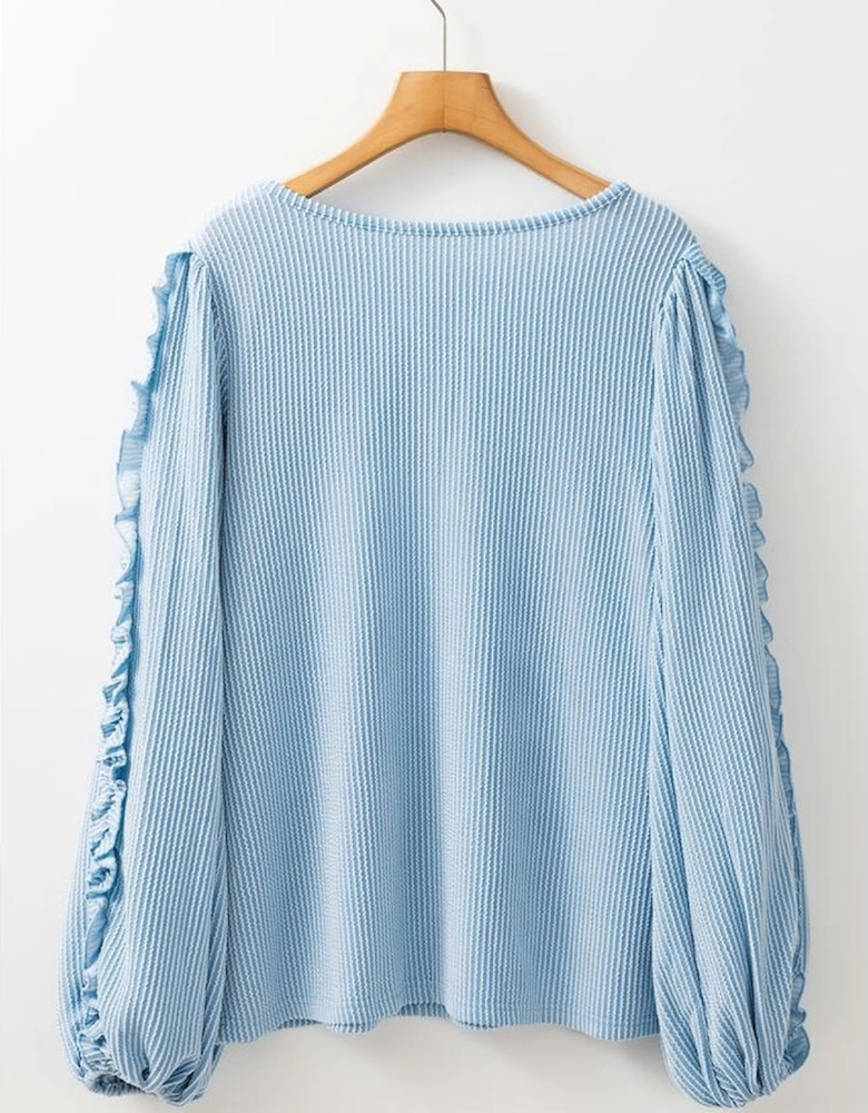 Mist Blue Corded Frilly Puff Sleeve Round Neck Blouse