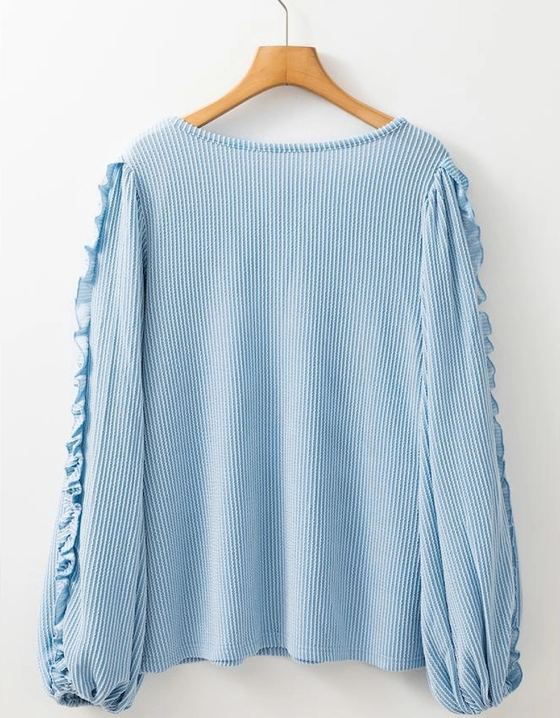 Mist Blue Corded Frilly Puff Sleeve Round Neck Blouse