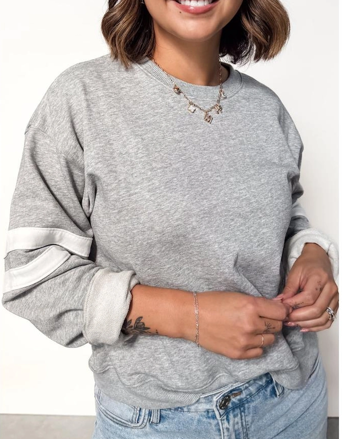 Light Grey Varsity Striped Detail Crew Neck Plus Sweatshirt