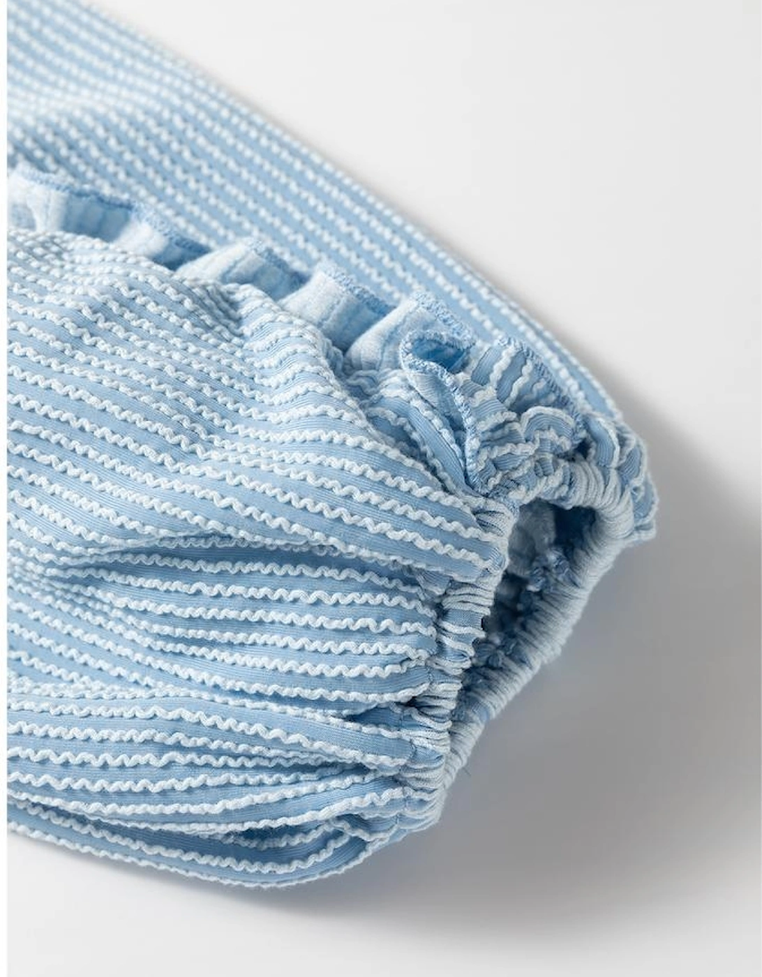 Mist Blue Corded Frilly Puff Sleeve Round Neck Blouse