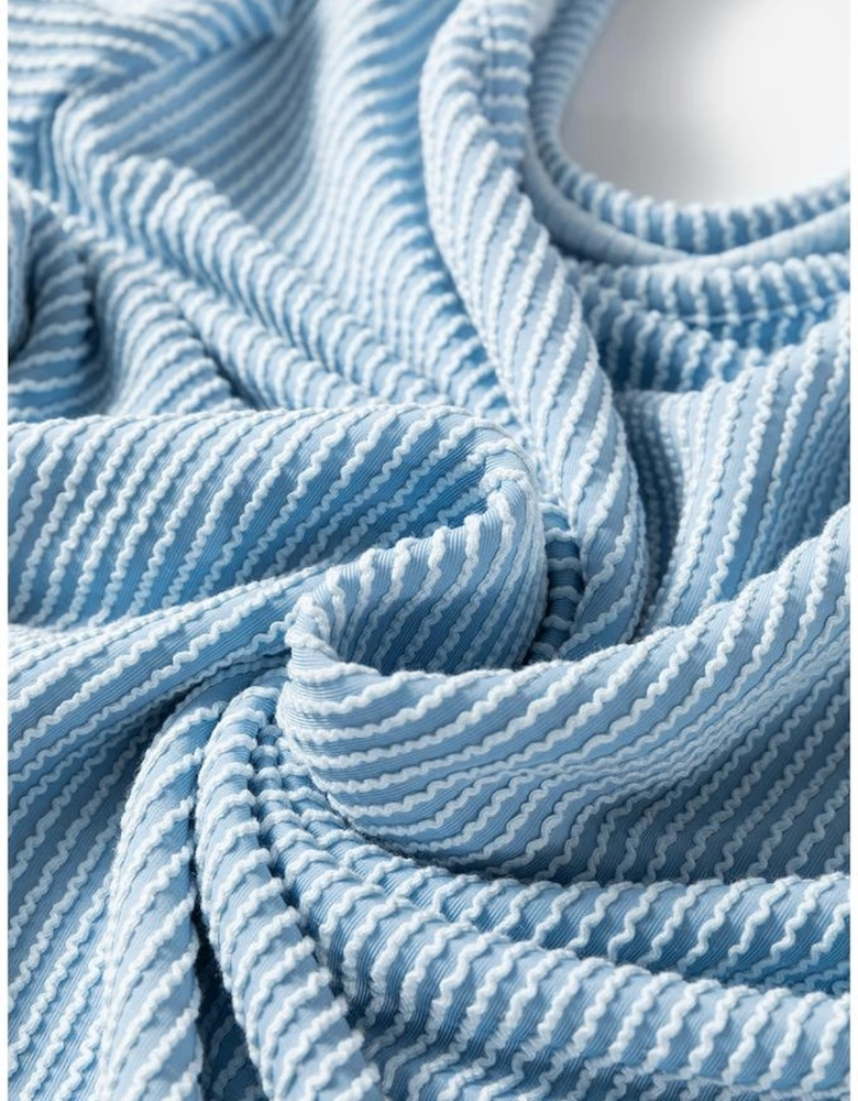 Mist Blue Corded Frilly Puff Sleeve Round Neck Blouse