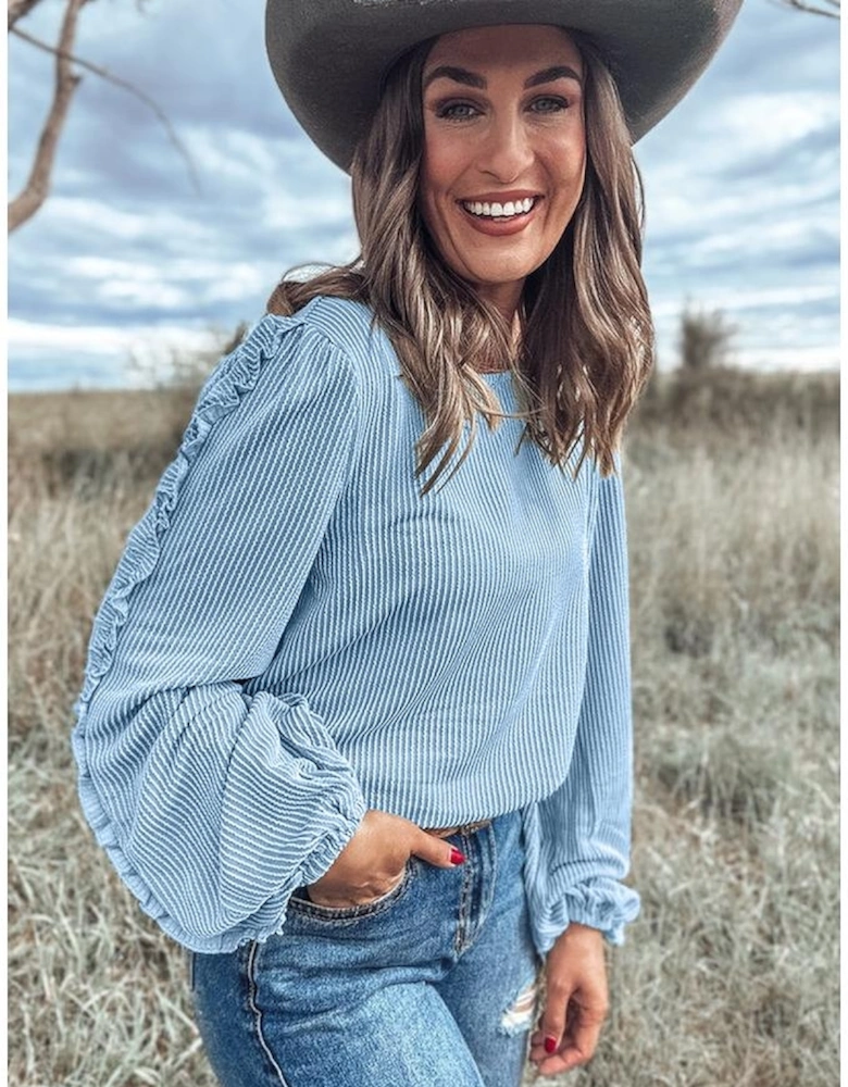 Mist Blue Corded Frilly Puff Sleeve Round Neck Blouse