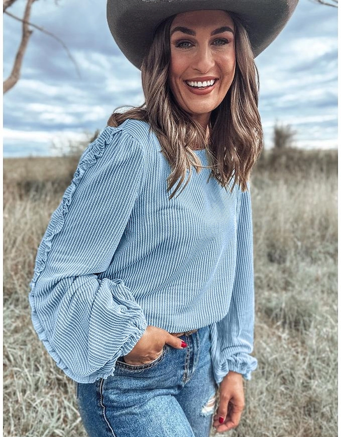 Mist Blue Corded Frilly Puff Sleeve Round Neck Blouse