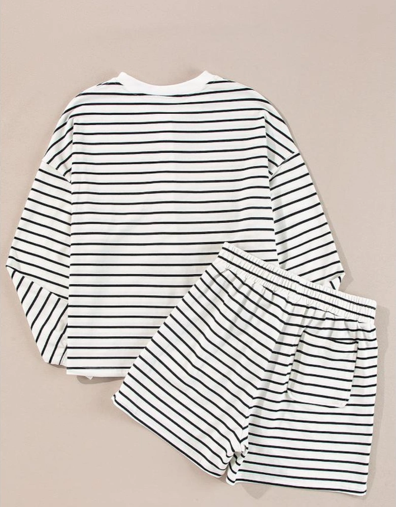 Black white Stripes Printed Half Button Long Sleeve Top and Shorts Set