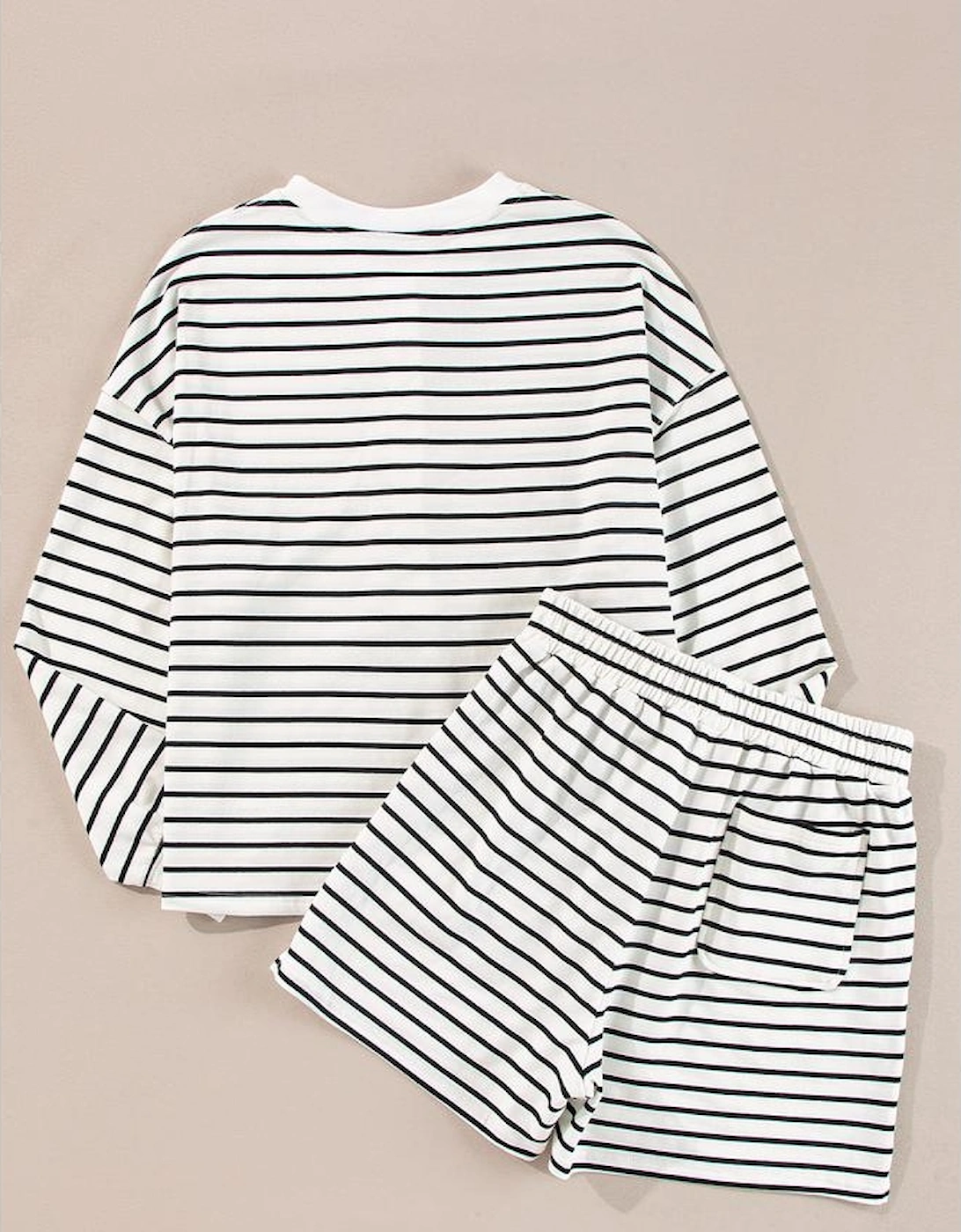 Black white Stripes Printed Half Button Long Sleeve Top and Shorts Set