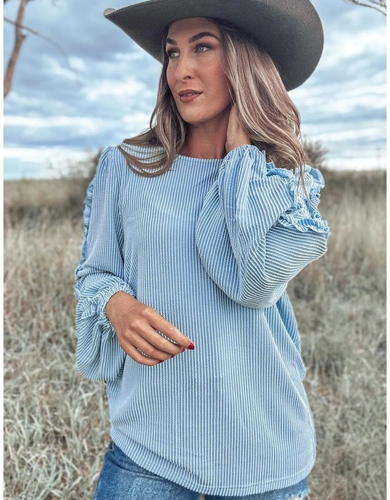 Mist Blue Corded Frilly Puff Sleeve Round Neck Blouse