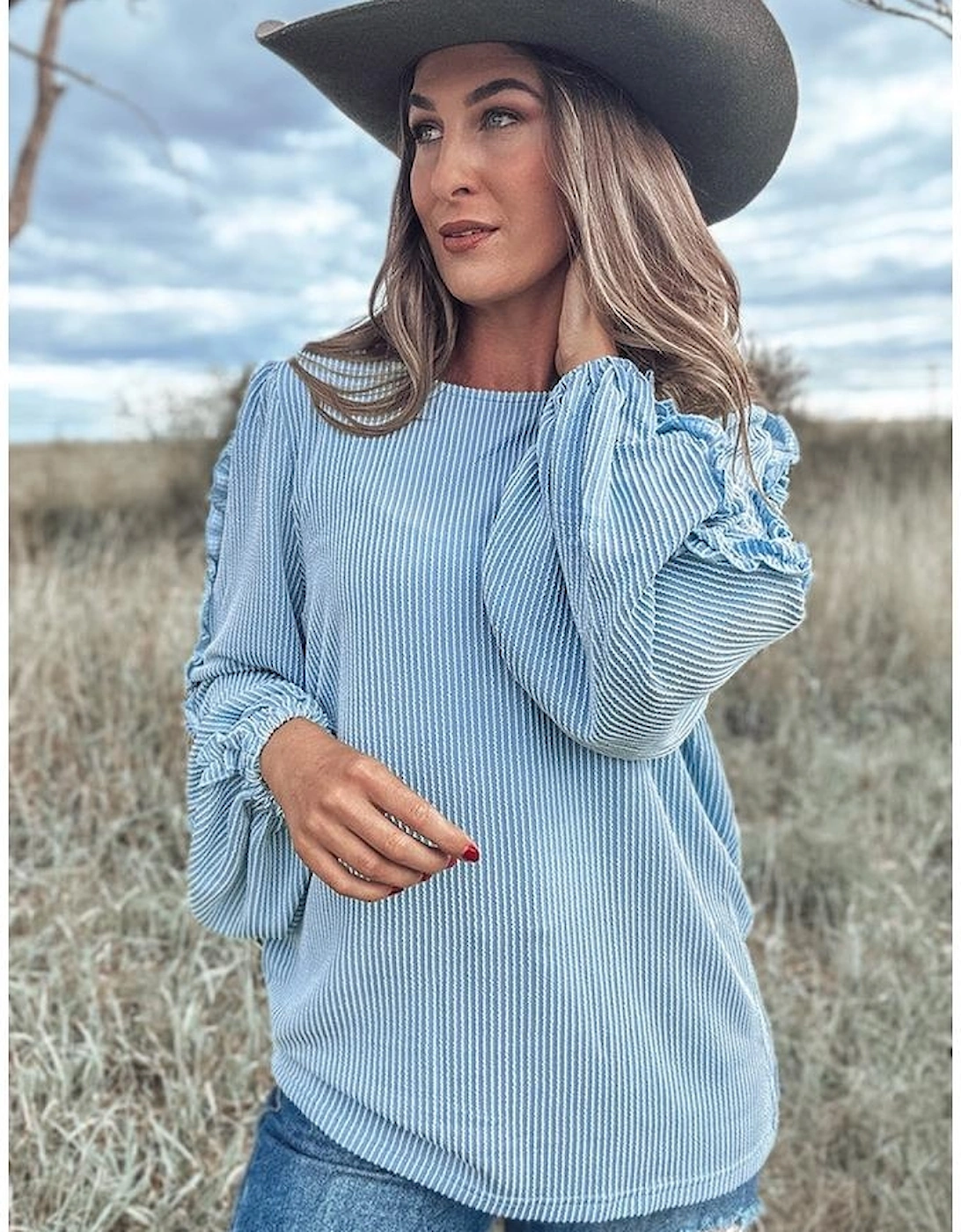 Mist Blue Corded Frilly Puff Sleeve Round Neck Blouse