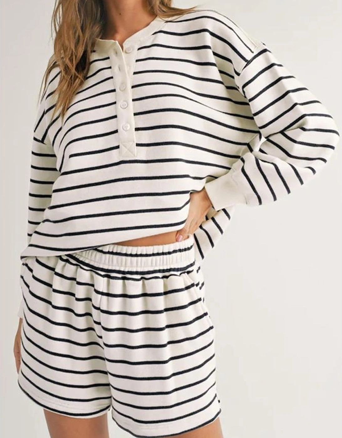 Black white Stripes Printed Half Button Long Sleeve Top and Shorts Set