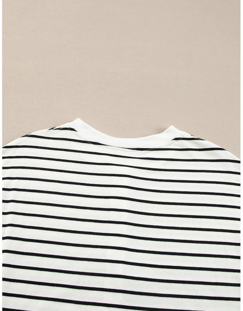 Black white Stripes Printed Half Button Long Sleeve Top and Shorts Set