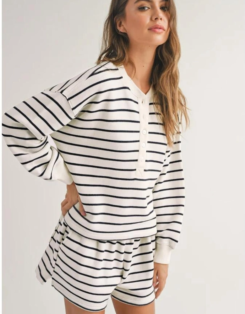Black white Stripes Printed Half Button Long Sleeve Top and Shorts Set