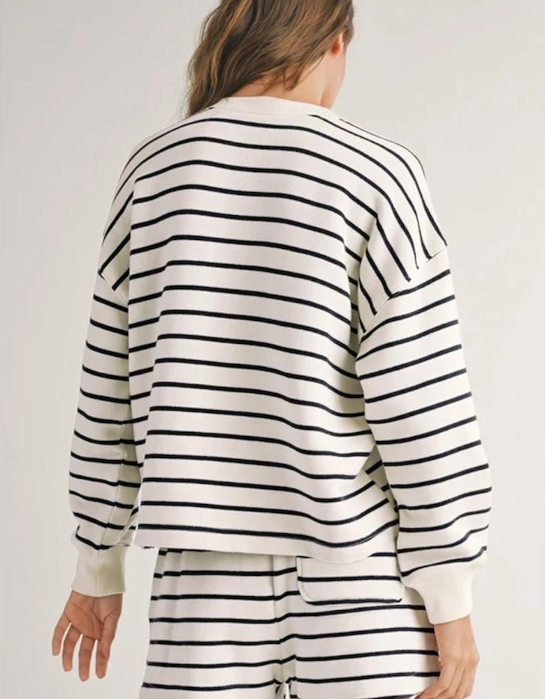 Black white Stripes Printed Half Button Long Sleeve Top and Shorts Set