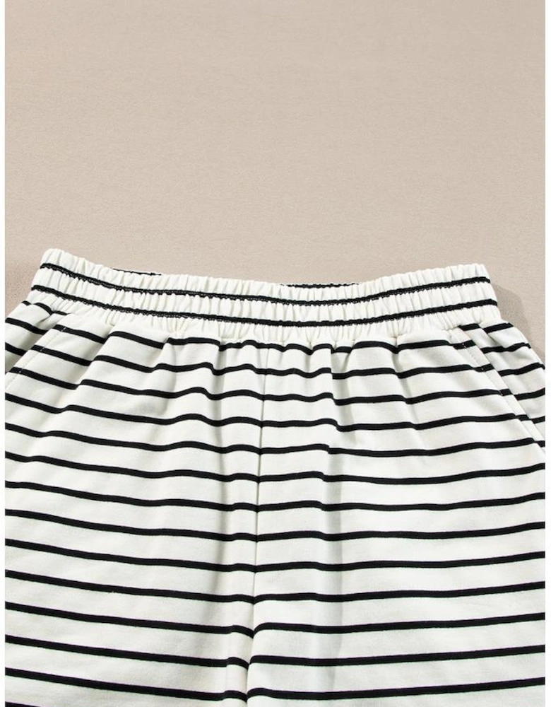 Black white Stripes Printed Half Button Long Sleeve Top and Shorts Set