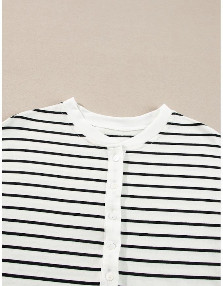 Black white Stripes Printed Half Button Long Sleeve Top and Shorts Set