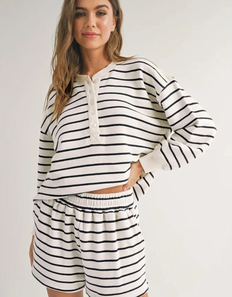 Black white Stripes Printed Half Button Long Sleeve Top and Shorts Set