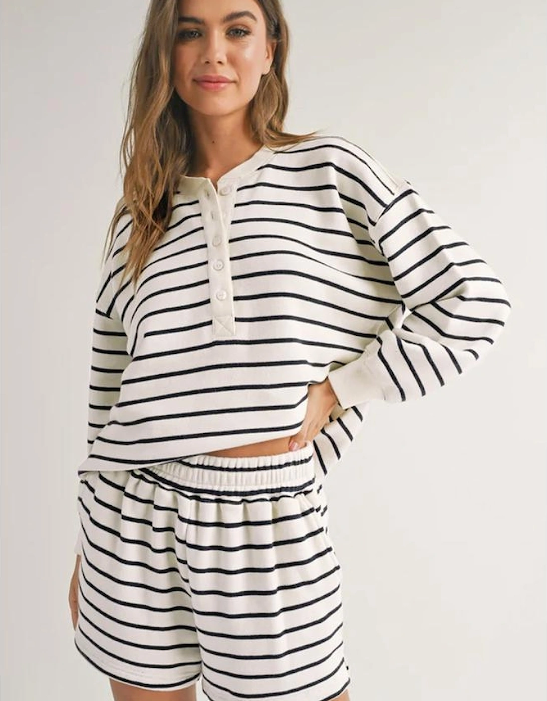 Black white Stripes Printed Half Button Long Sleeve Top and Shorts Set