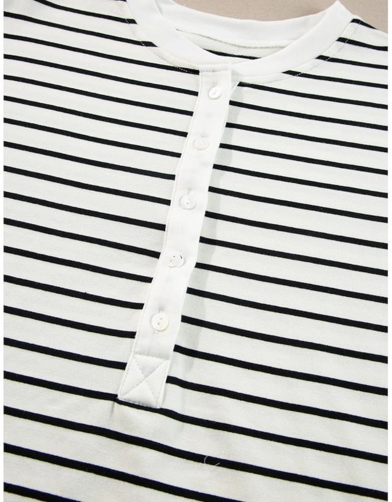 Black white Stripes Printed Half Button Long Sleeve Top and Shorts Set