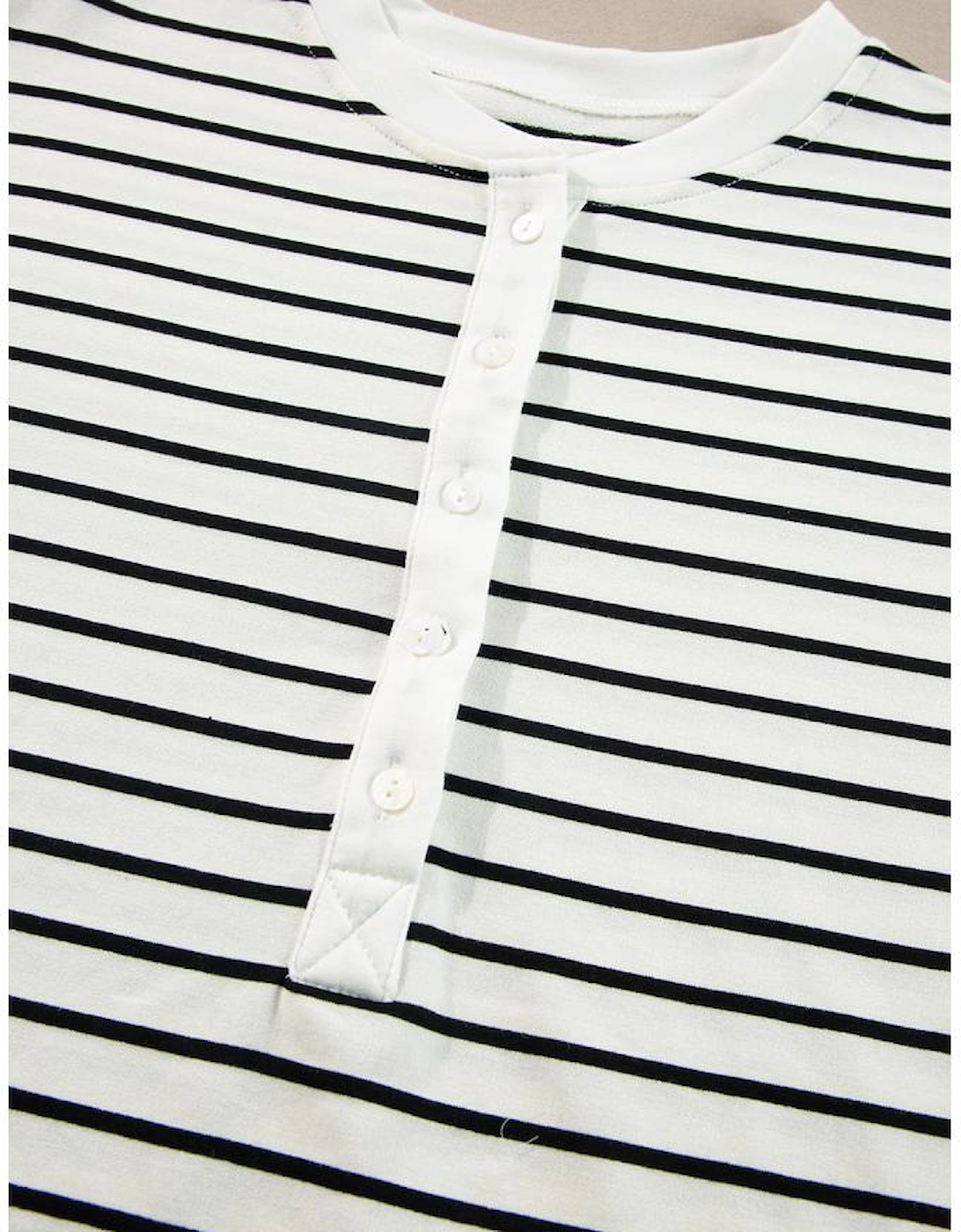 Black white Stripes Printed Half Button Long Sleeve Top and Shorts Set