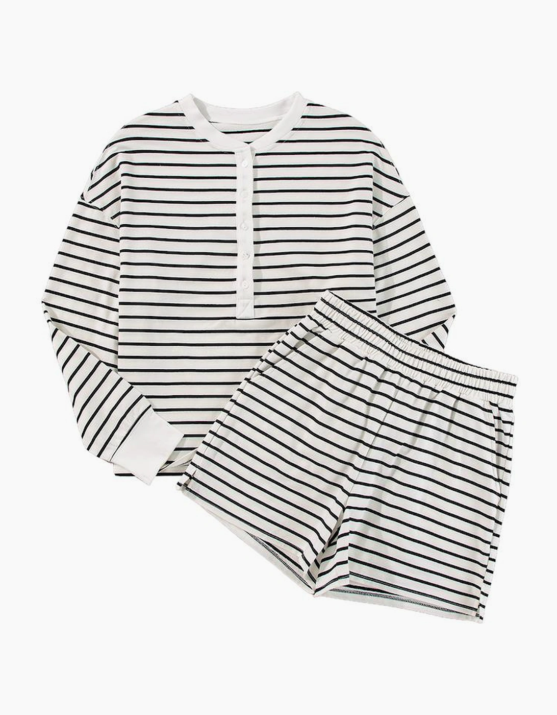 Black white Stripes Printed Half Button Long Sleeve Top and Shorts Set