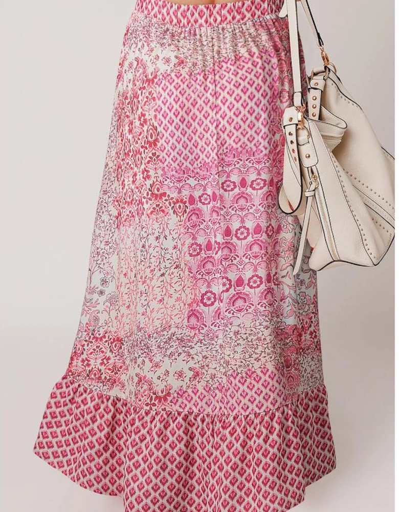 Red Boho Pattern Print Tassel Drawstring High Waist Maxi Dress