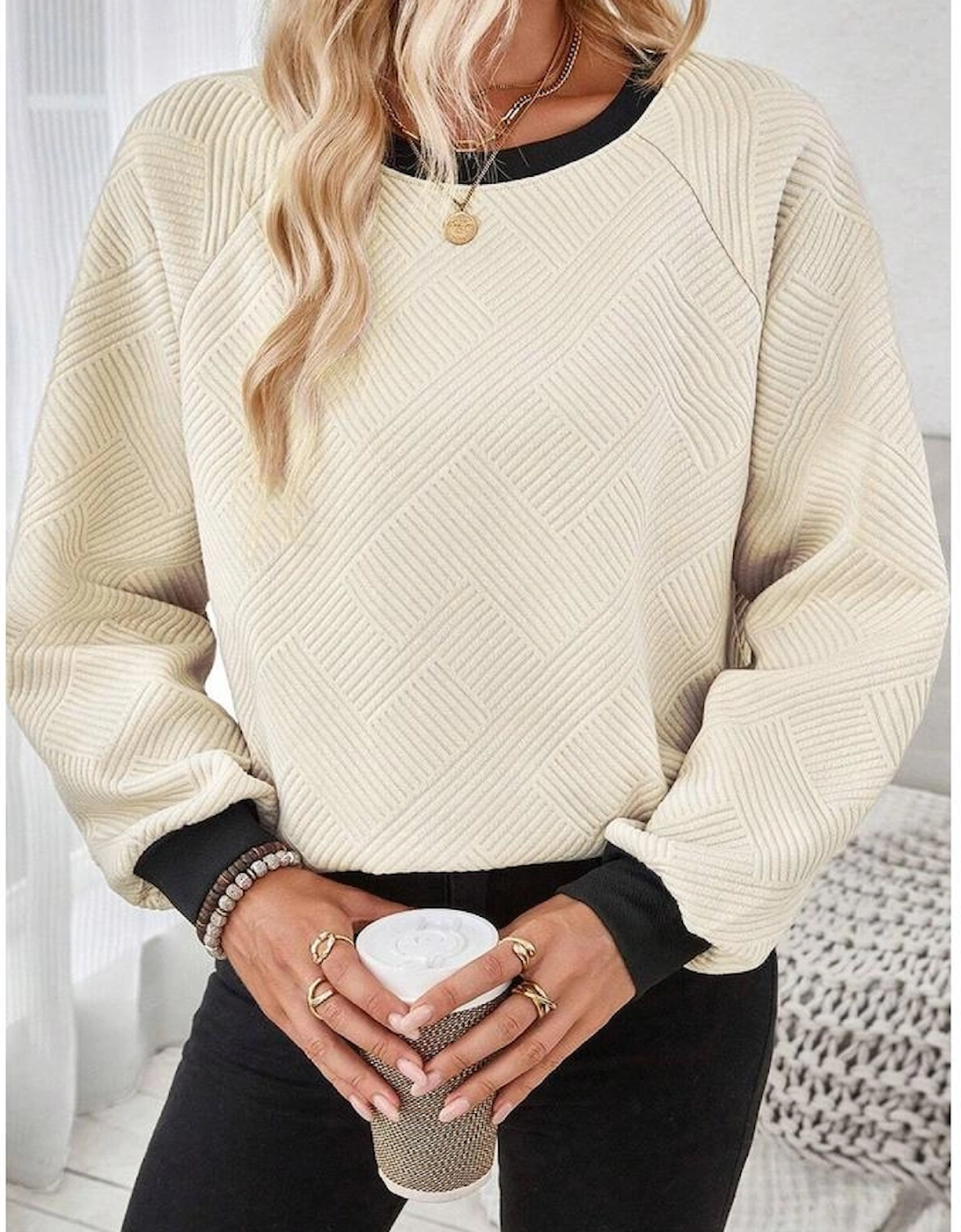 Jet Stream Color Block Edge Raglan Sleeve Crew Neck Textured Top