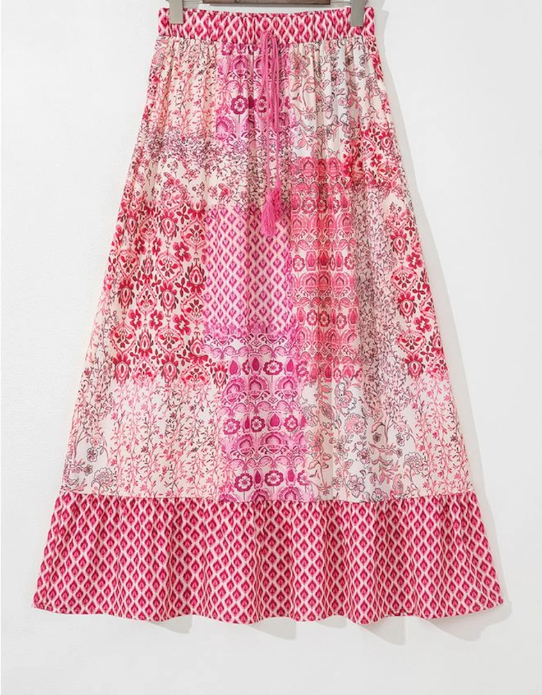 Red Boho Pattern Print Tassel Drawstring High Waist Maxi Dress