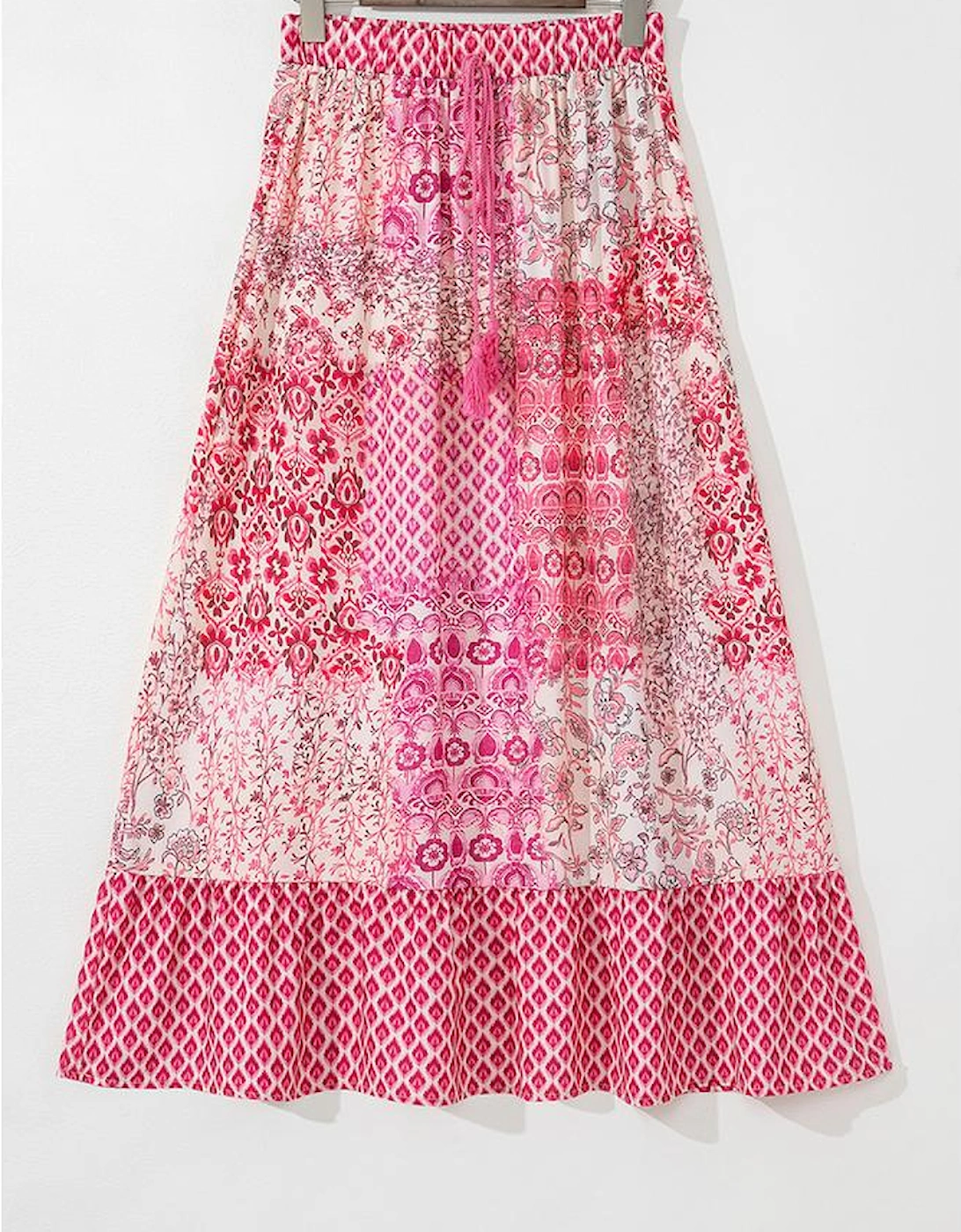 Red Boho Pattern Print Tassel Drawstring High Waist Maxi Dress