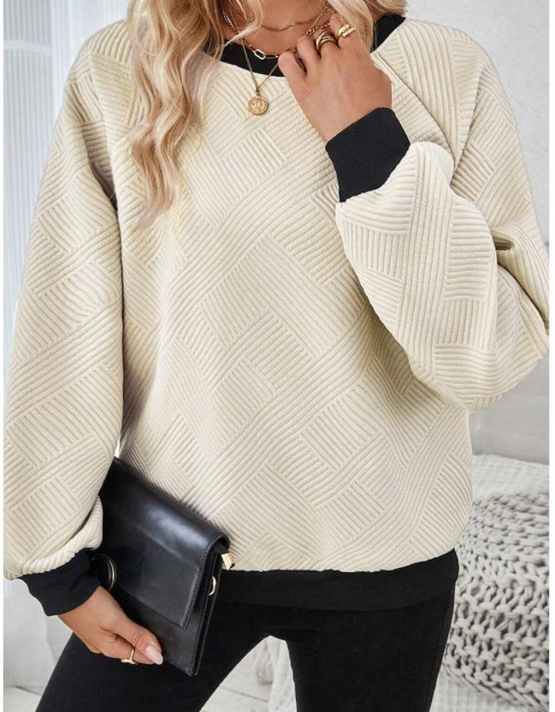 Jet Stream Color Block Edge Raglan Sleeve Crew Neck Textured Top